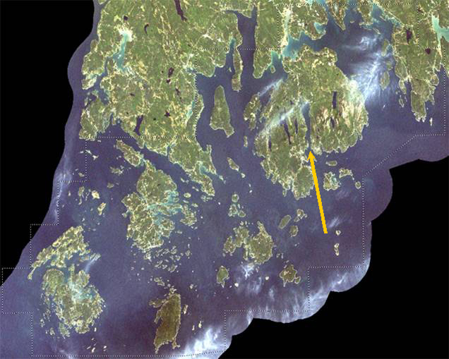 Satellite Image of Rhode Island Acadia and surroundings. Arrow points to the fjord of Somes Sound in Mount Desert Island