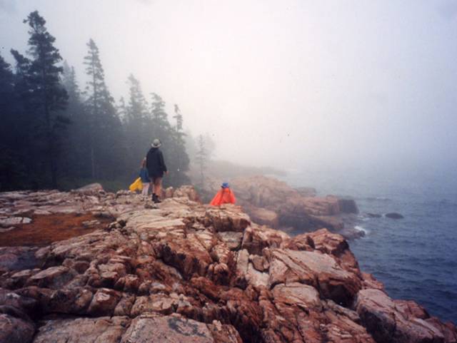 People standing on rocks at the coast.  Raining and foggy. Acadia National Park
