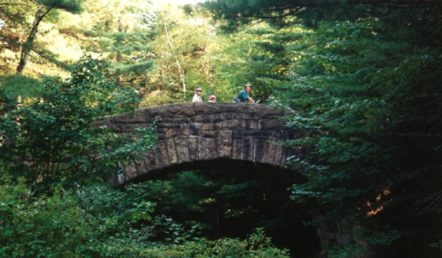Family on bicycles crossing an arched stone bridge, surrounded by forest