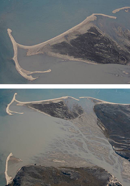 A delta formed by a braided river is surrounded by beaches and spits formed from the sand carried by the river.