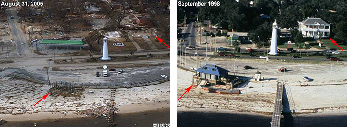 Hurricane Katrina aftermath. On right arrows point to antebellum and pier house. On left arrows point to where buildings used to be