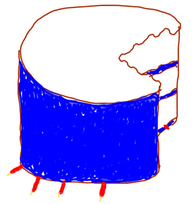 Sketch of a cake, as described in the text, bitten by a dog, flipped upside down, and with broken candles beneath it.
