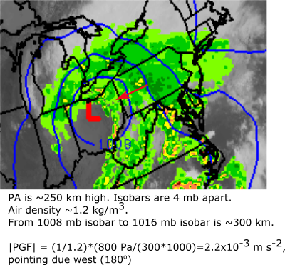 map of surface pressure of east coast of united states with a low over ohio and green over PA and NY. see text description