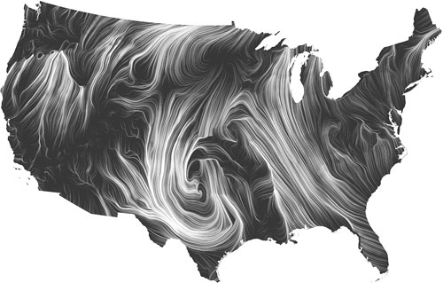 Wind map of wind streamlines over the continental United States as described in the caption and text above