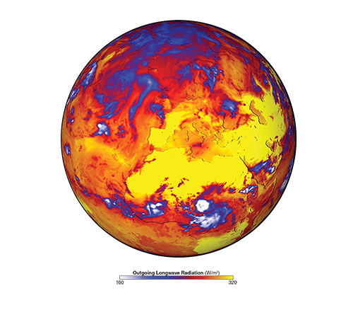 earth in blue, yellow, orange and red infrared image