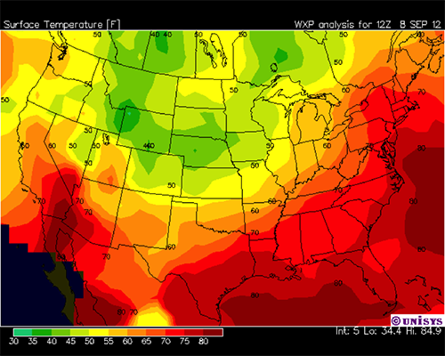 Surface temperature map for North America. Hottest along bottom edge and along coasts from California to Maine 