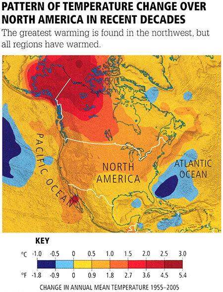Pattern of Temperature change in N. America in recent decades