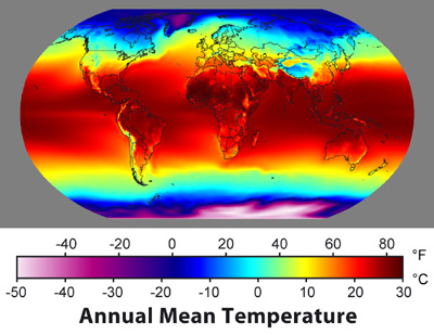 Annual Mean Temperature shown on world map. Red (hot) at equator, gets colder further away till white (cold) on poles