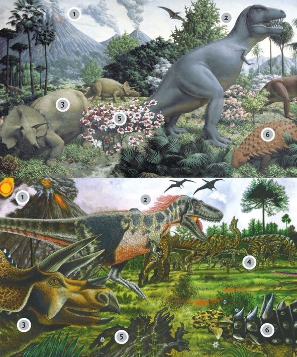 Age of Reptiles mural showing a variety of dinosaurs and an erupting volcano in the background