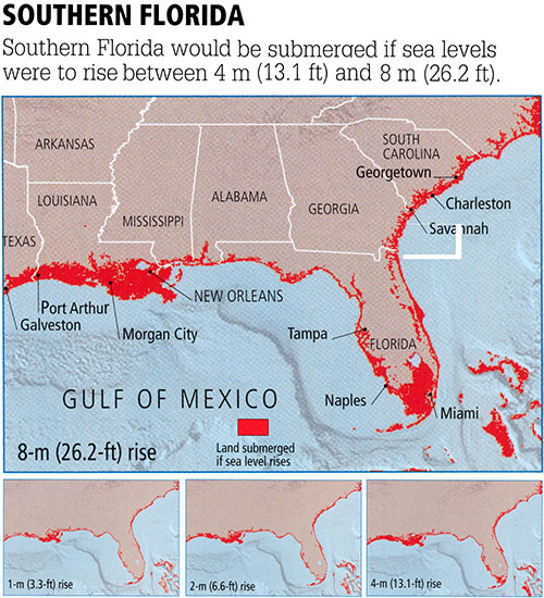 Maps of Lost Florida Coastal Land as a Function of Increasing Levels of Global Sea Level Rise