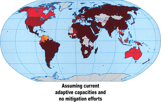 Map of CCV (climate change vulnerabiltiy) in 2100, assuming current adaptive capacities and no mitigation efforts