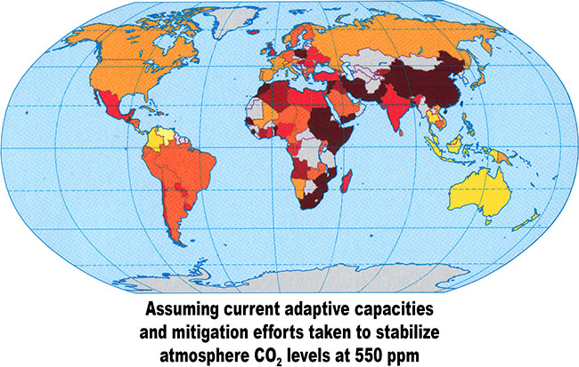 Map of CCV in 2100 assuming current adaptive capacities and mitigation efforts taken to stabilize atmosphere CO2 levels at 550 ppm