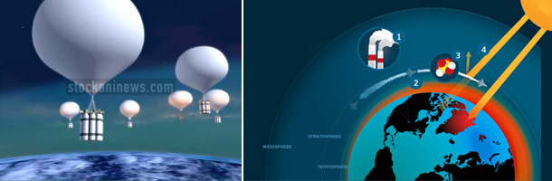 Schemes for Loading the Stratosphere with Sulphate Aerosol, showing balloons and the sun's rays