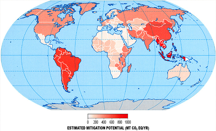 Map showing estimated mitigation potential in the agricultural sector by 2030.