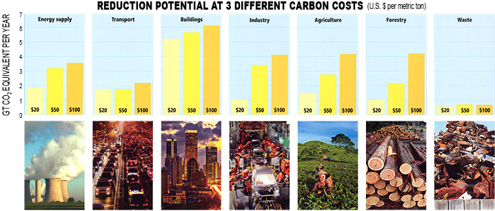 Reduction potential at three different carbon costs bar charts and images