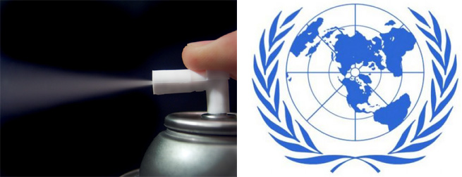 A spray can using CFC propellant on the left and the United Nations Emblem on the right.