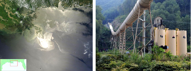 Deepwater Horizon oil spill disaster (left) and Upper Big Ranch Coal Mine (right)