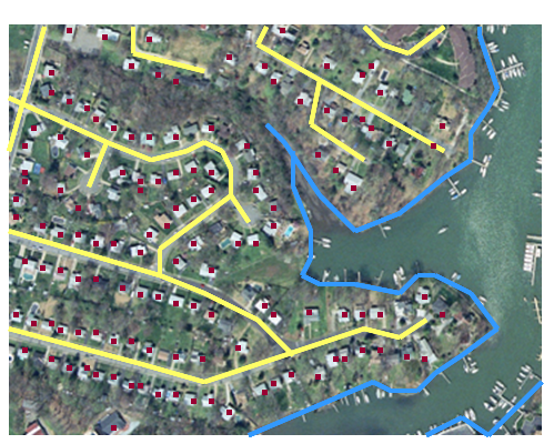 Image showing modernized TIGER household locations (red), aligned streets(yellow), and water locations (blue). Good match