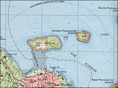 Portion of topographic map showing ocean depths around Bar Island.