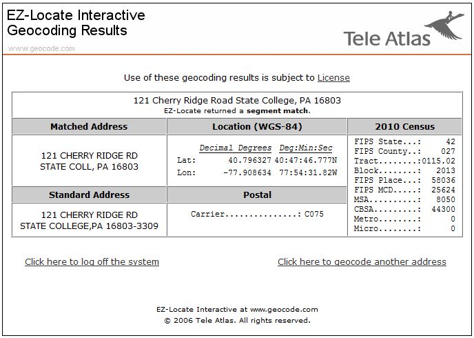 Screenshot of Tele Atlas geocoding results window. Shows latitude and longitude 