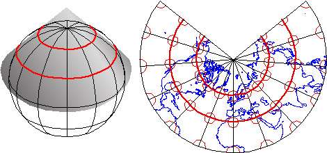 Conceptual model of a Lambert Conformal Conic map projection and the resulting map explained below
