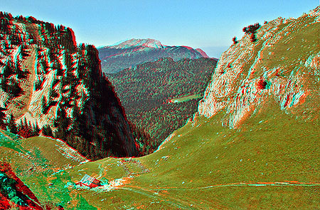 Anaglyph stereo image of French Alps made through red-green glass
