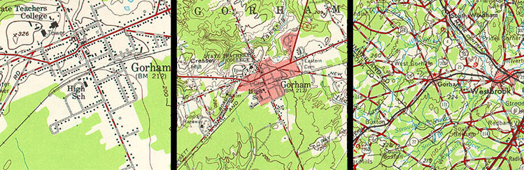 Image shows the town of Gorham at three different scales, see text below