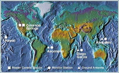 World map showing control segments of the global positioning system, Colorado Springs is the master control station