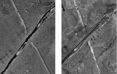 Comparison of unrectified vertical aerial image (bends) and orthoimage of same scene (straight)