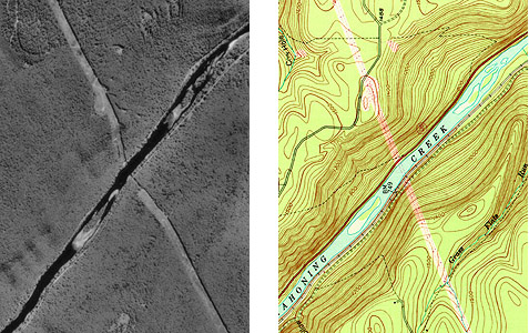 Another image comparison of topographic map and unrectified aerial image
