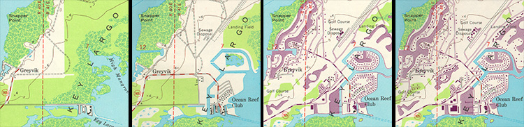 Series of four images of a map of the same location showing revisions adding roads and buildings