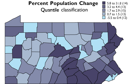 PA map showing the quantile classifications of the percent population changes for each county, lots of different colors 