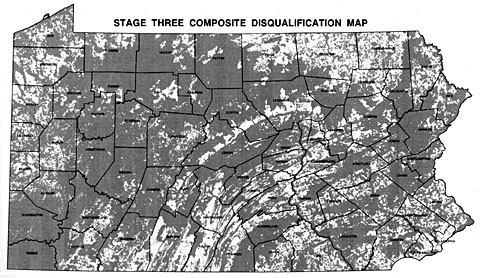 Stage three composite disqualification map of Pennsylvania. Majority grey