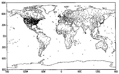 Locations of world temperature climate records used to create a gridded temperature map. A lot came from US