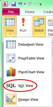 Screen capture of View List with SQL view circled in red.