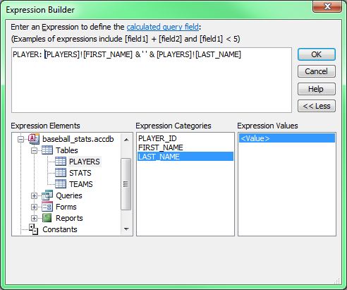 Screen capture of Expression Builder Elements and Categories - Joining Player Name Concat