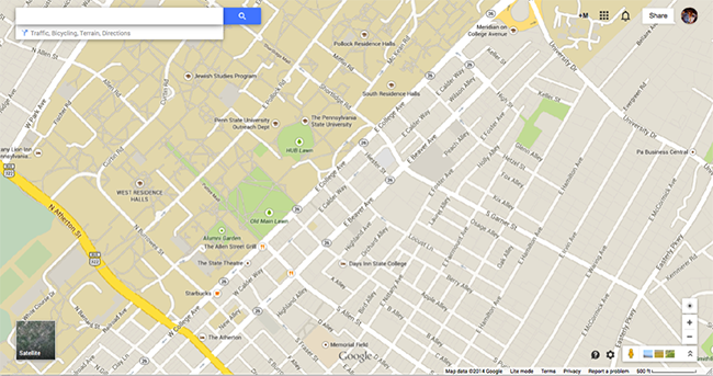 screenshot of google maps map of state college, pa and university park campus