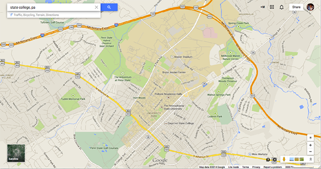 screenshot of google maps map of state college, pa