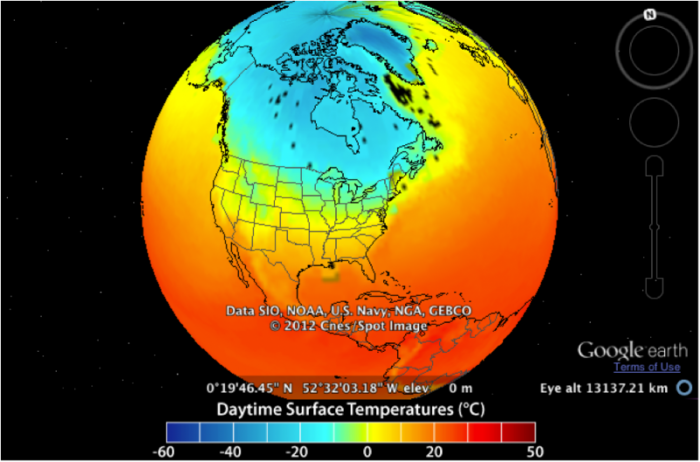 Colored map of observed mean January surface temperature 2003 – 2005