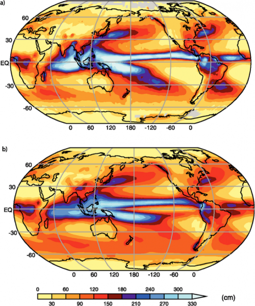 Two global images comparing observed annual precipitation and average of 14 models used by IPCC study
