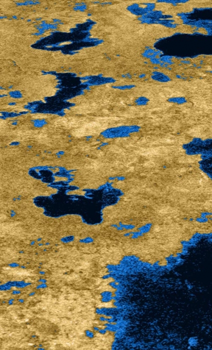Radar map of Titan's surface from the Cassini satellite explained in text above