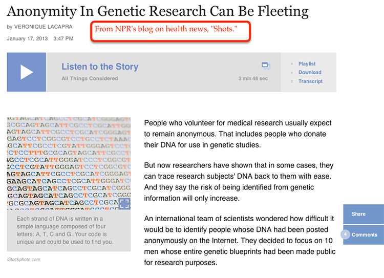 Screenshot of NPR blog post regarding anonymity in genetic research
