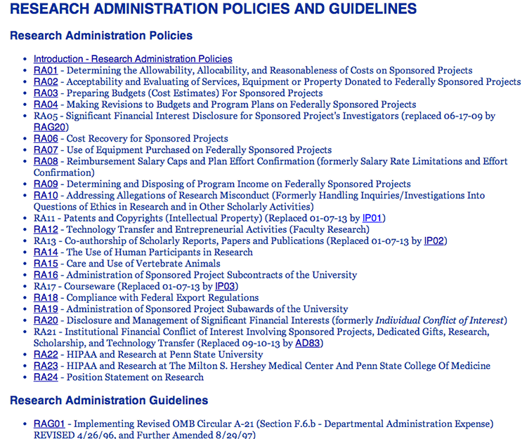 Screenshot of Penn State's research administration policies