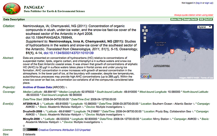Example of metadata for an item in Pangaea: Data Publisher for Earth and Environmental Science
