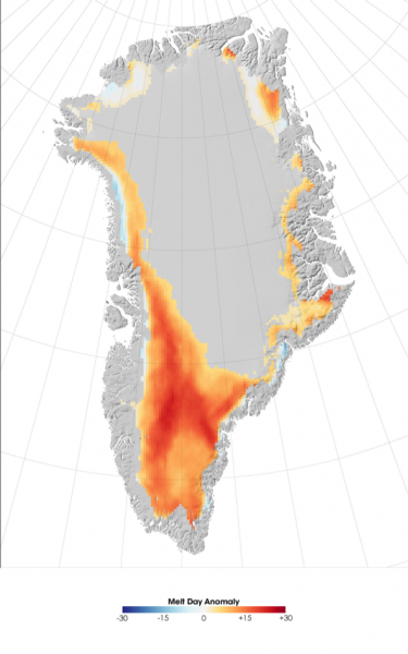 Greenland melt anomaly, most around western western edge and southern tip. see text below