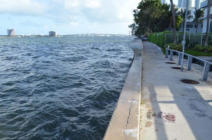 Water levels almost up to the top of the raised walkway on the waters edge. 