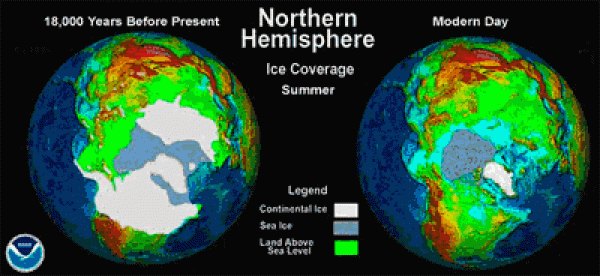two globes showing earths ice coverage. 18000 years ago canada, greenland and russia had ice. Now only greenland and arctic sea have ice