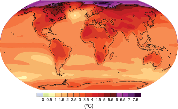 World map showing projected increases in mean surface temperature in 2099. Increase most at north pole and then over continents