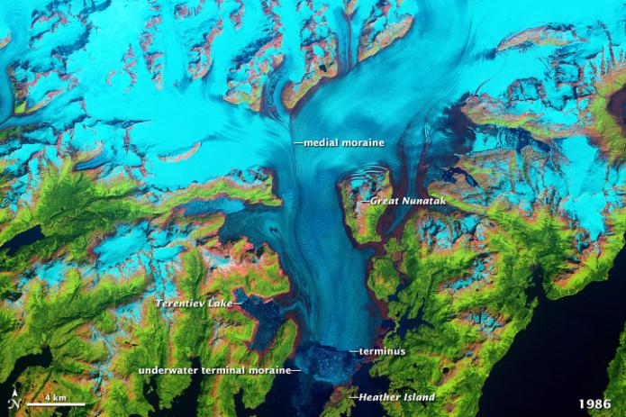 Satellite image of Columbia Glacier, Alaska 1986, glacier extends to heather island