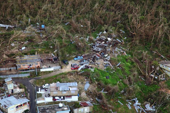 Damage from Maria on Puerto Rico. destroyed houses and trees stripped of their leaves